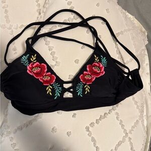 Black Floral Embroidered Bikini Top